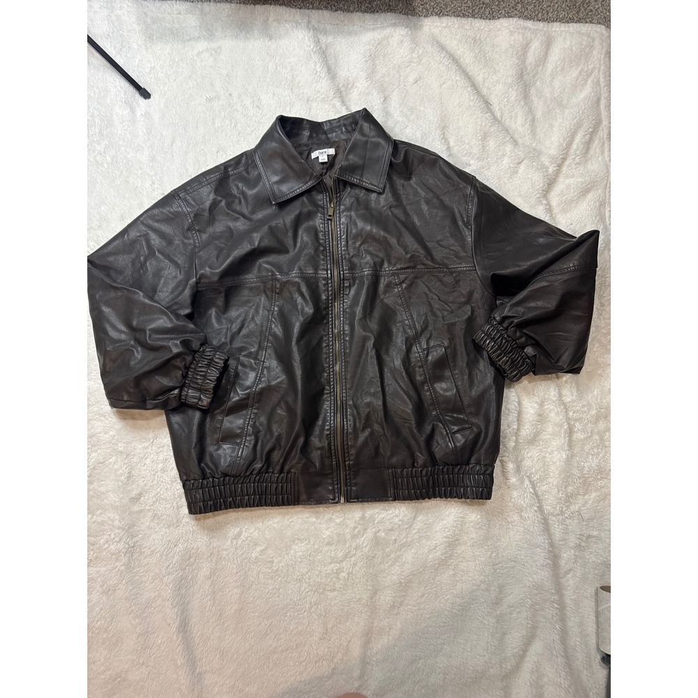 Bar III Faux Leather Bomber Jacket Womens L Brown Excellent Zip Up Oversized
